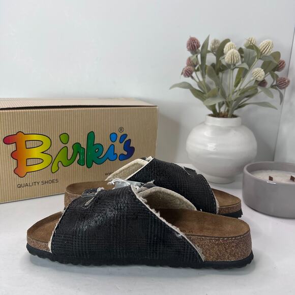Birki's Zurich Slide Sandals Check Fur Gray 516233 Women 7/Men 5/EU38 NWB Narrow - Picture 6 of 10